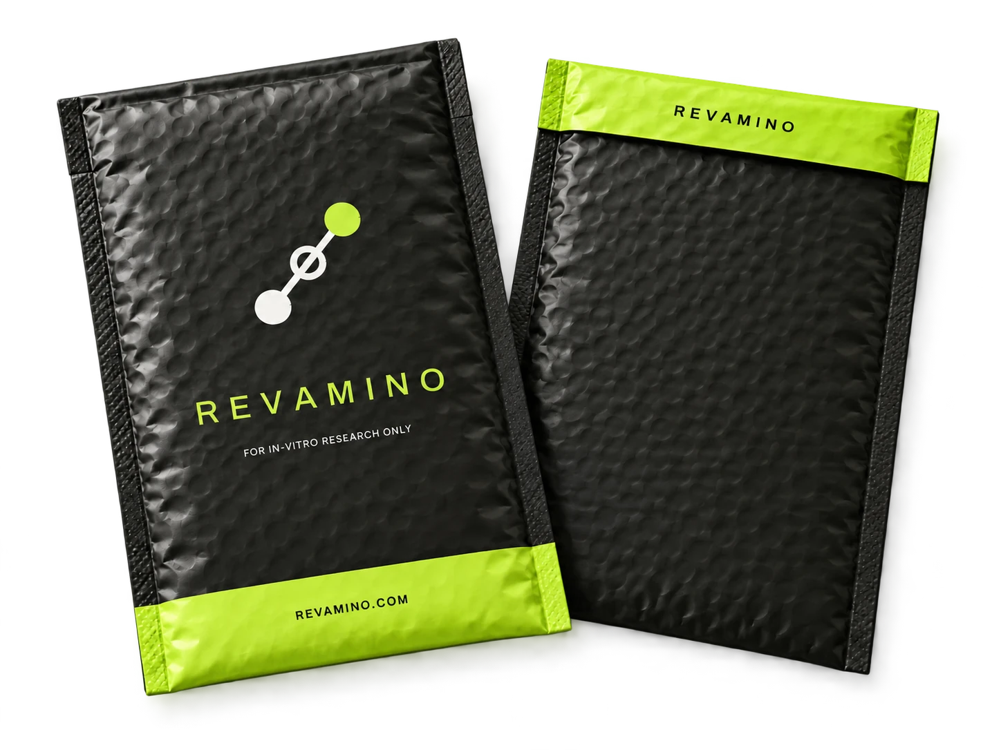 Front and back of Revamino's black-and-lime bubble mailers