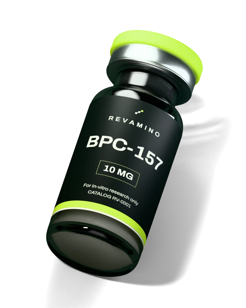 Revamino BPC-157 research vial with a lime cap, silver collar, and black label